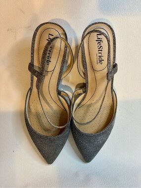 LifeStride Minimalist Pewter Glitter Slingback Pumps Soft System Size 9 Wide